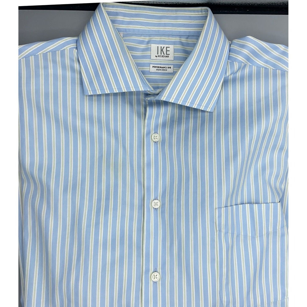 Ike Behar Performance 100 Non-Iron‎ Dress Shirt Blue White Stripe Mens 17.5/34